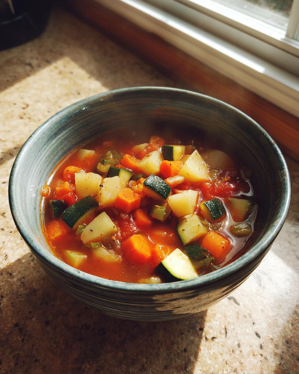 A steaming bowl of chunky vegetable soup featuring carrots, zucchini, and potatoes in a tomato broth.