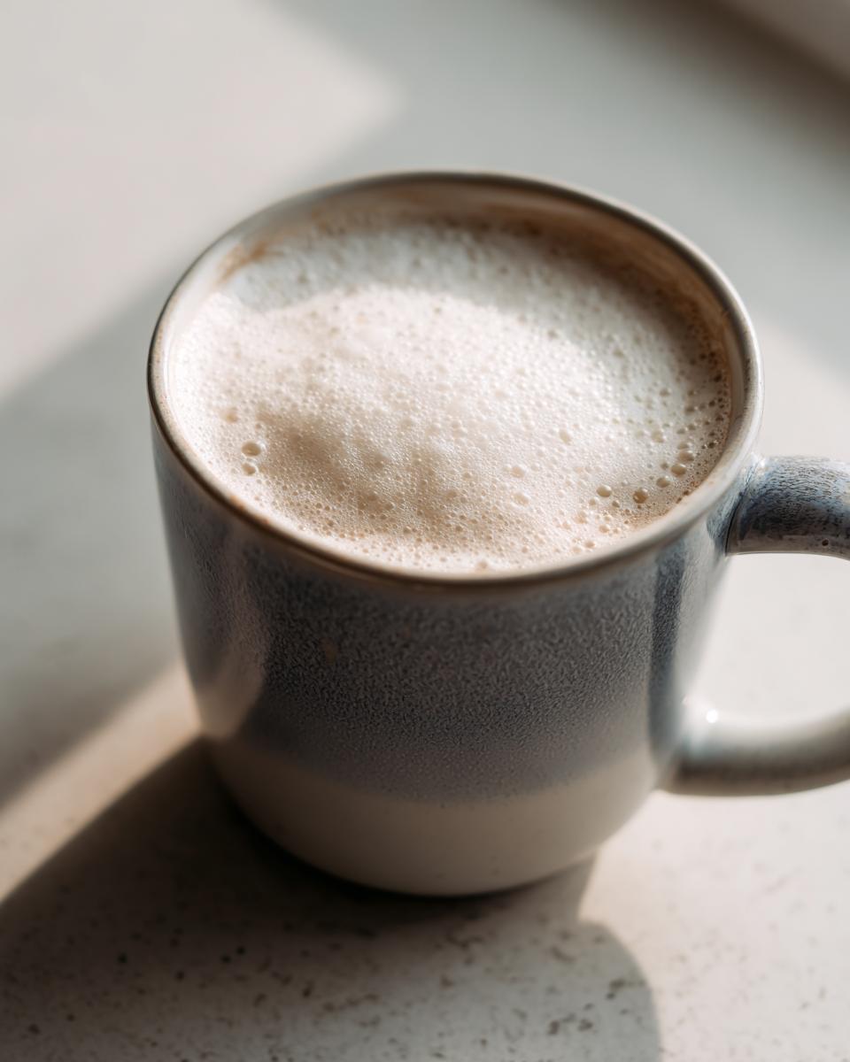 Close-up of a mug filled with frothy white hot chocolate resting on a light surface.
