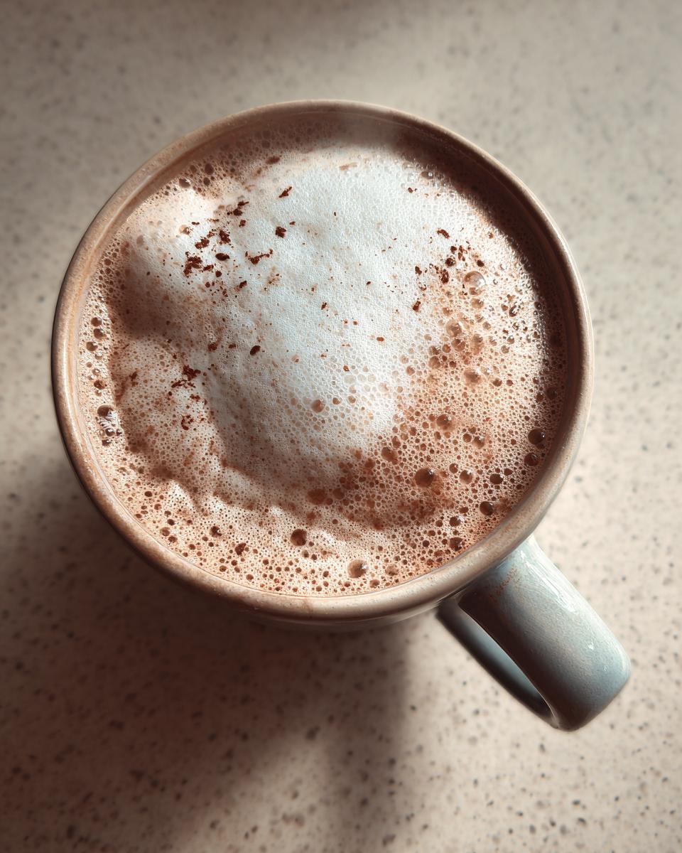 Overhead view of a mug filled with steaming white hot chocolate topped with thick white foam and chocolate shavings.