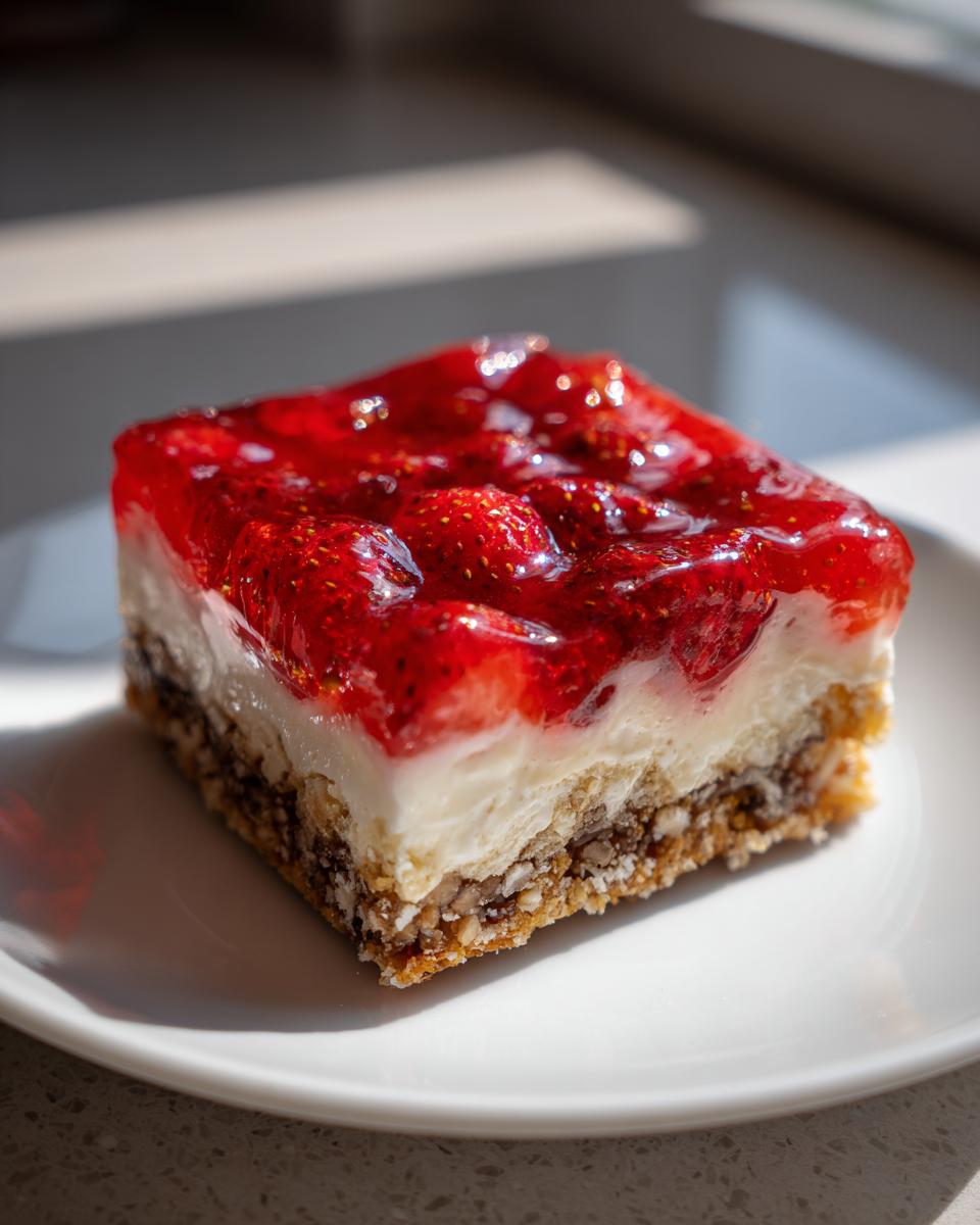 A square slice of strawberry pretzel salad featuring a crust, cream cheese layer, and bright red strawberry topping.