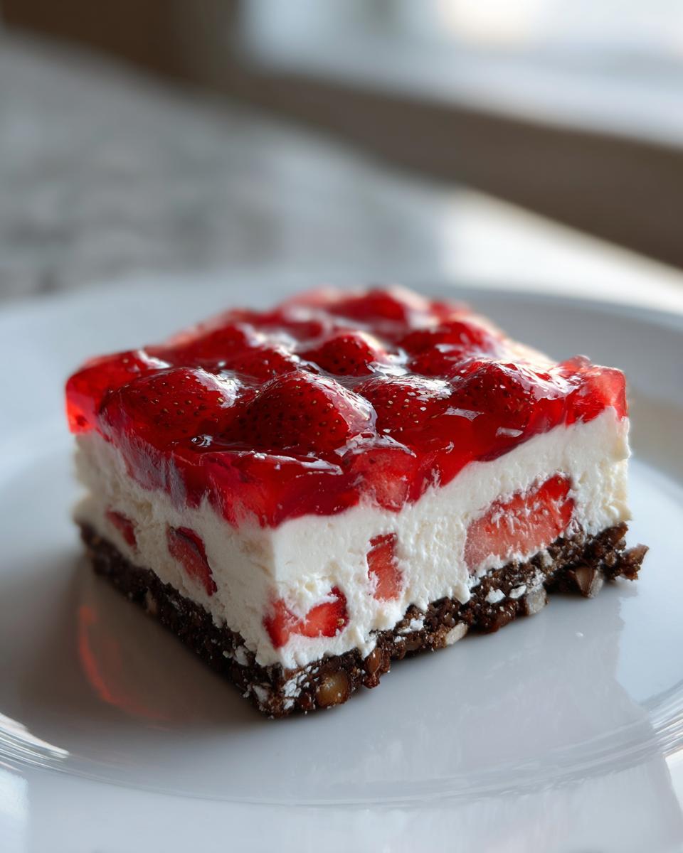 A close-up view of a square slice of strawberry pretzel salad with a pretzel crust, cream cheese layer, and strawberry gelatin topping.