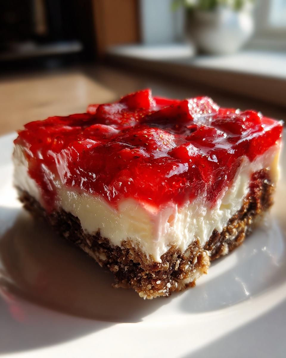 Close-up of a single serving slice of strawberry pretzel salad showing the pretzel crust, cream cheese layer, and strawberry topping.