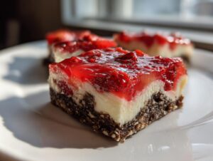 A close-up of a layered strawberry pretzel salad square showing a dark crust, white cream cheese layer, and bright red strawberry gelatin topping.