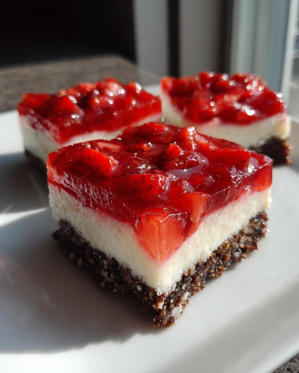 Three squares of strawberry pretzel salad showing the dark crust, white cream layer, and glossy strawberry topping.