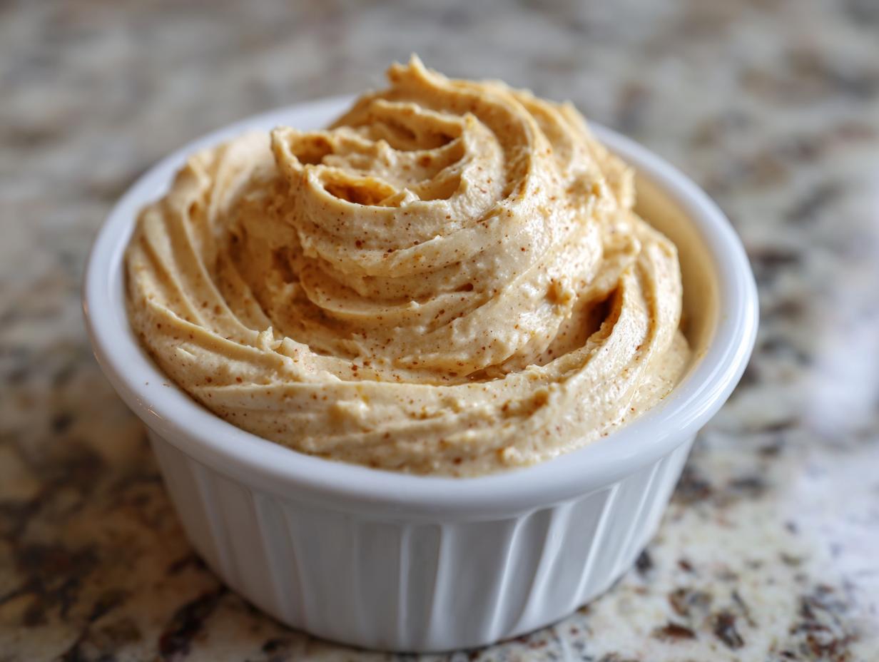 Close-up of fluffy, swirled cinnamon butter speckled with spice in a small white dish.
