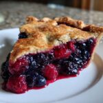 A close-up slice of amazing triple berry pie showing a thick, juicy filling of raspberries, blackberries, and blueberries under a flaky golden crust.