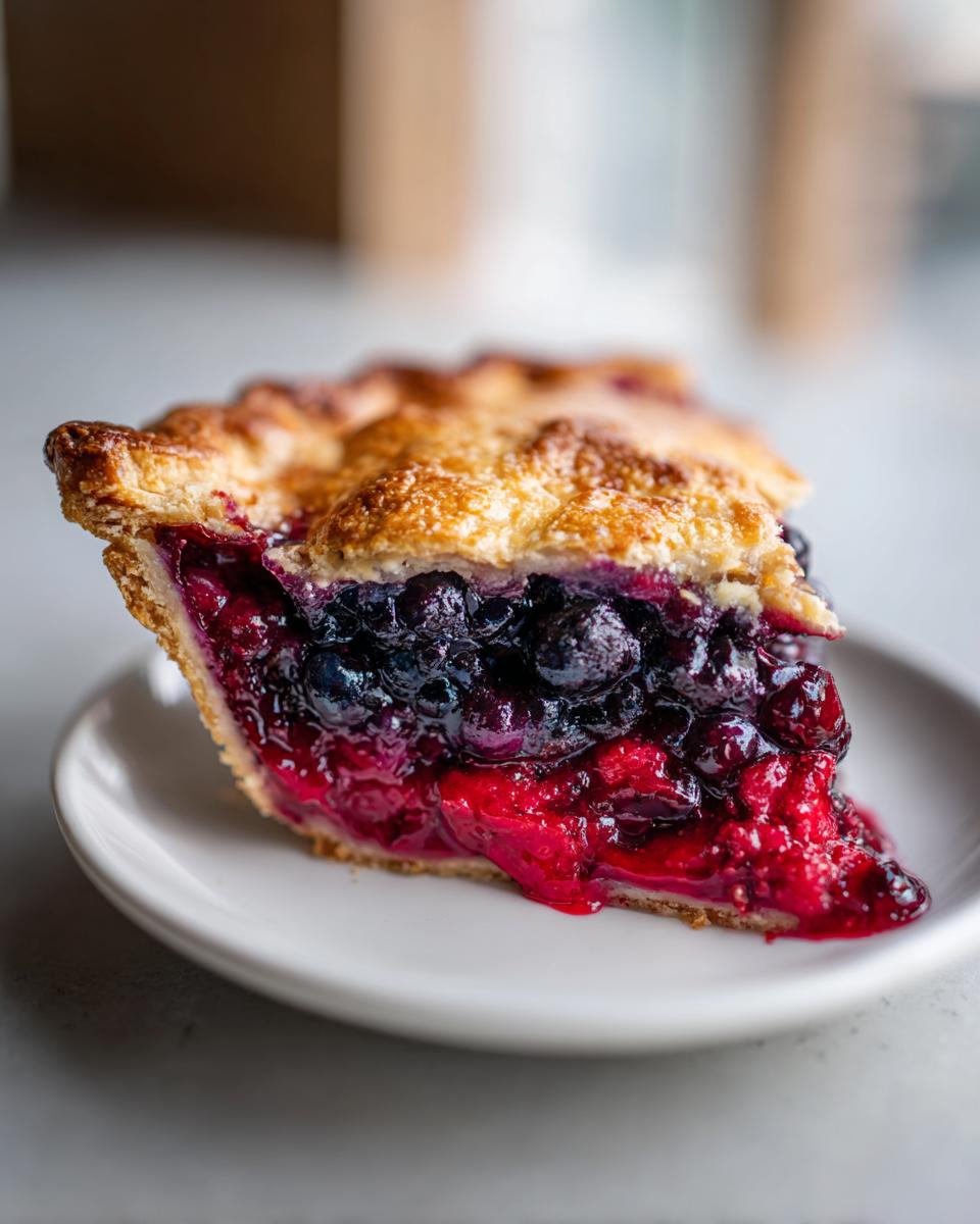 Close-up of a thick slice of triple berry pie showing juicy blueberries and raspberries filling.
