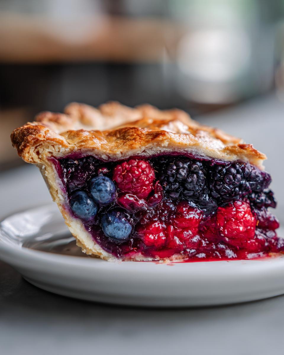 Close-up of a juicy slice of triple berry pie showing blueberries, raspberries, and blackberries in a flaky crust.