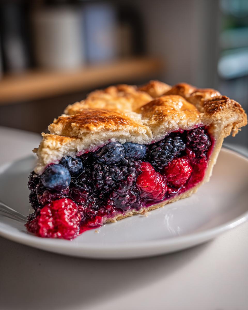 A close-up of a slice of triple berry pie showing juicy blackberries, blueberries, and raspberries filling.