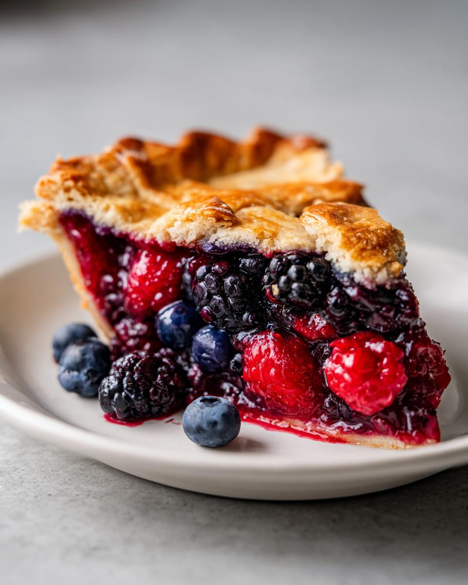 Close-up of a juicy slice of triple berry pie showing raspberries, blackberries, and blueberries in a golden crust.
