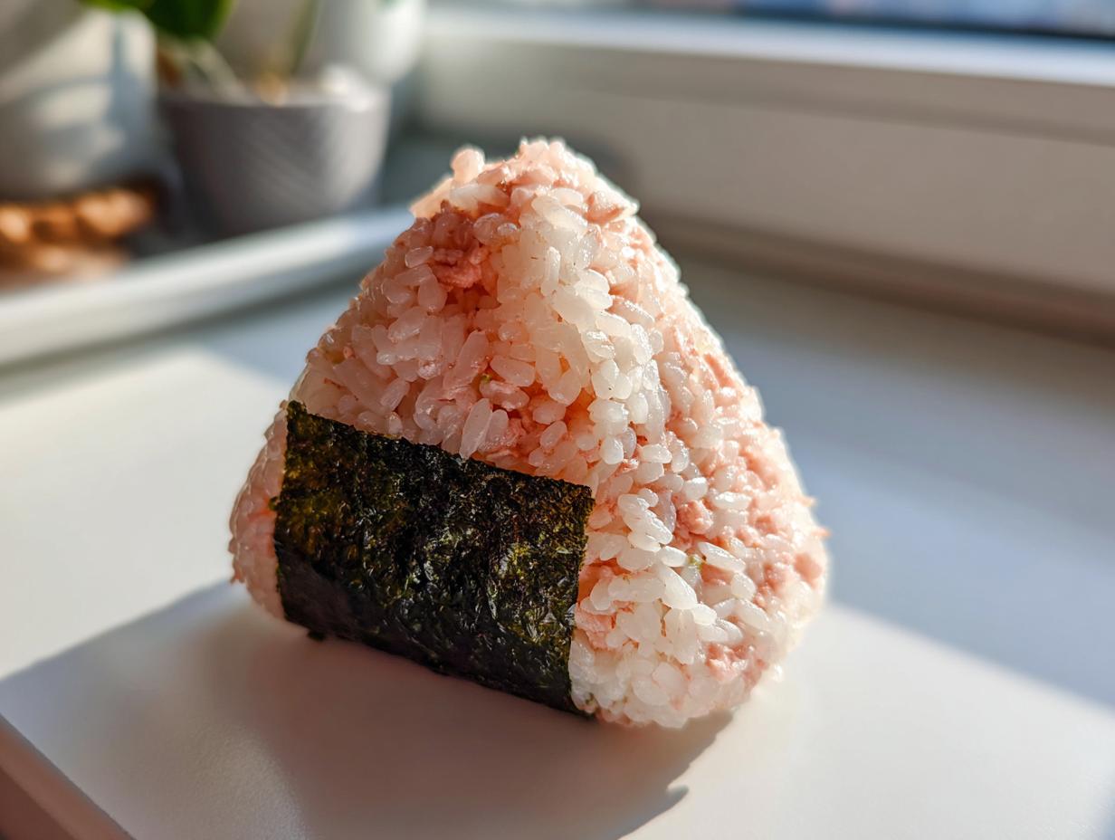 A close-up of a freshly made, triangular tuna onigiri wrapped with a strip of dark green nori seaweed.
