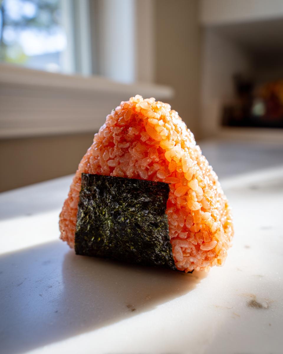 A close-up of a triangular tuna onigiri, featuring orange-tinted rice and a strip of dark nori seaweed.