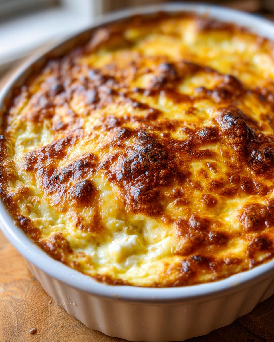 Close-up of a hot crab dip recipe baked to a golden brown, bubbly perfection in a white oval dish.