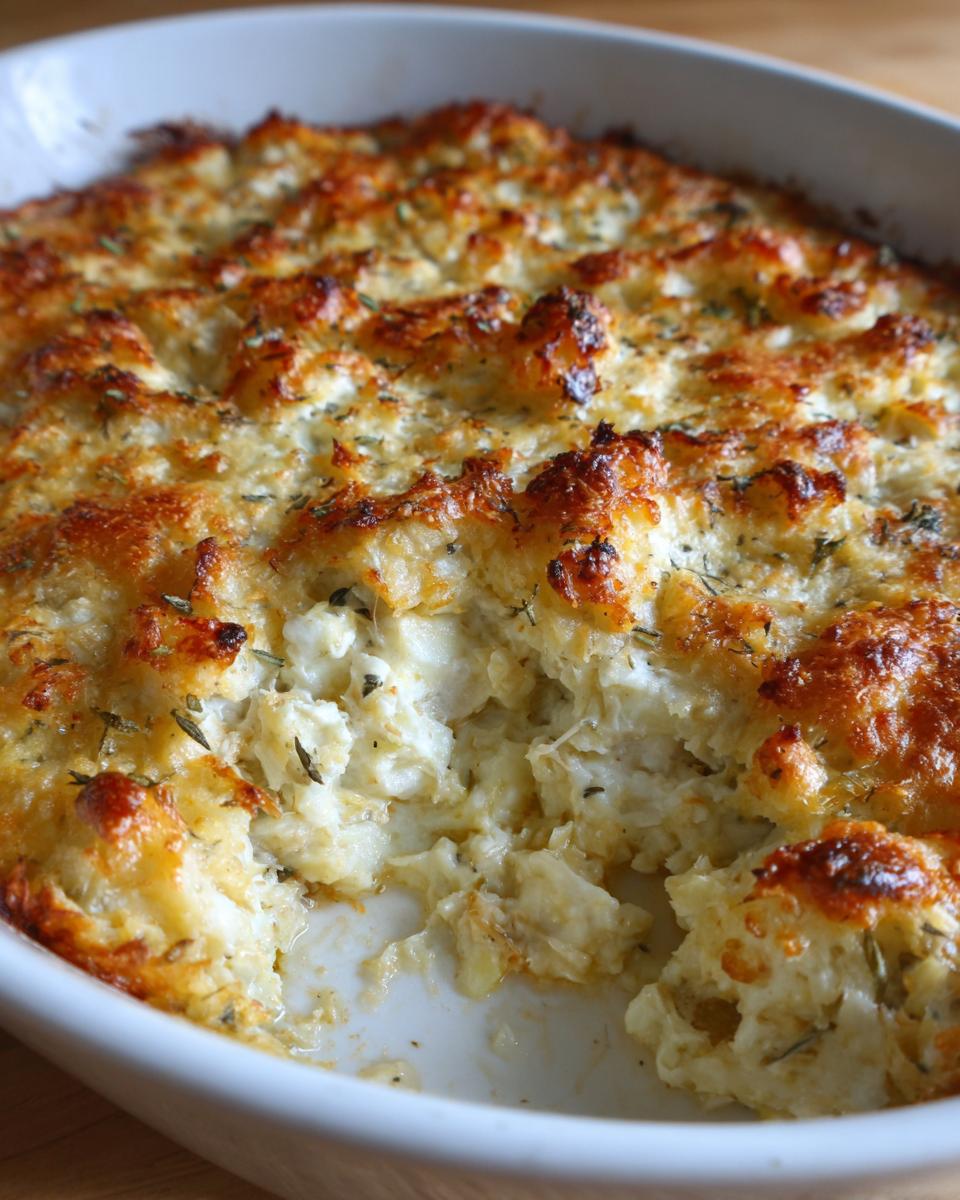 Close-up of a hot crab dip recipe, showing a creamy interior and a bubbly, golden-brown cheesy top.