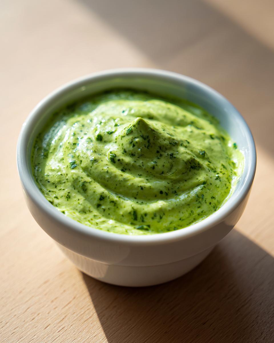 Close-up of thick, bright green cilantro lime sauce swirled in a small white bowl.