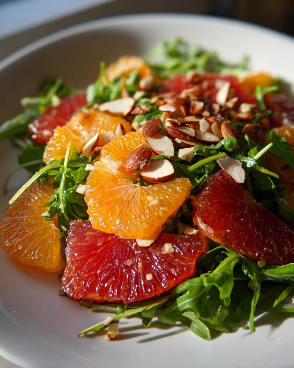 Close-up of a bright citrus salad featuring orange and blood orange segments over arugula, topped with sliced almonds.