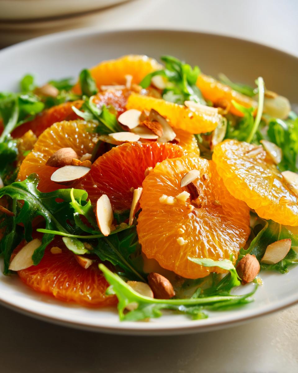 Close-up of a vibrant citrus salad featuring sliced oranges, arugula greens, and slivered almonds.