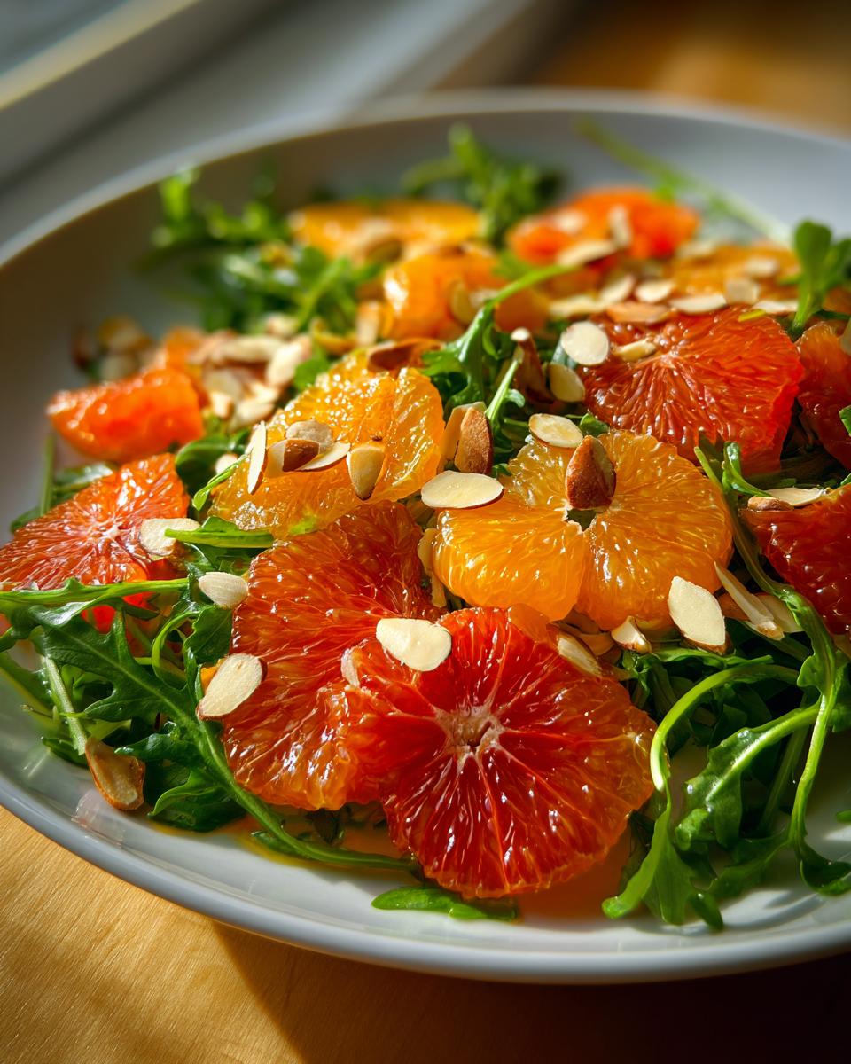 Close-up of a vibrant citrus salad featuring slices of blood orange and navel orange over arugula, topped with slivered almonds.