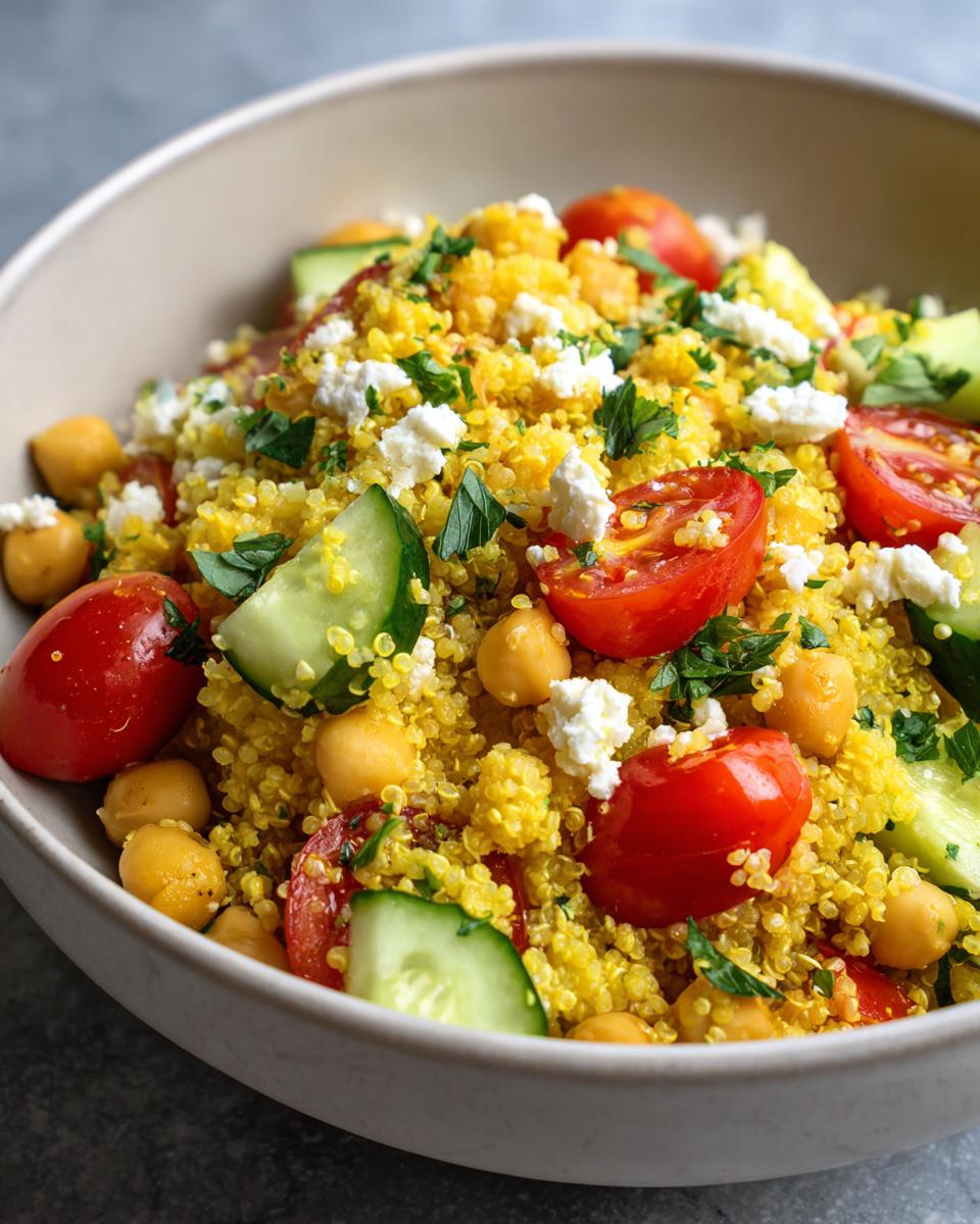 Close-up of a bright yellow quinoa salad mixed with chickpeas, cherry tomatoes, cucumber, and feta cheese.