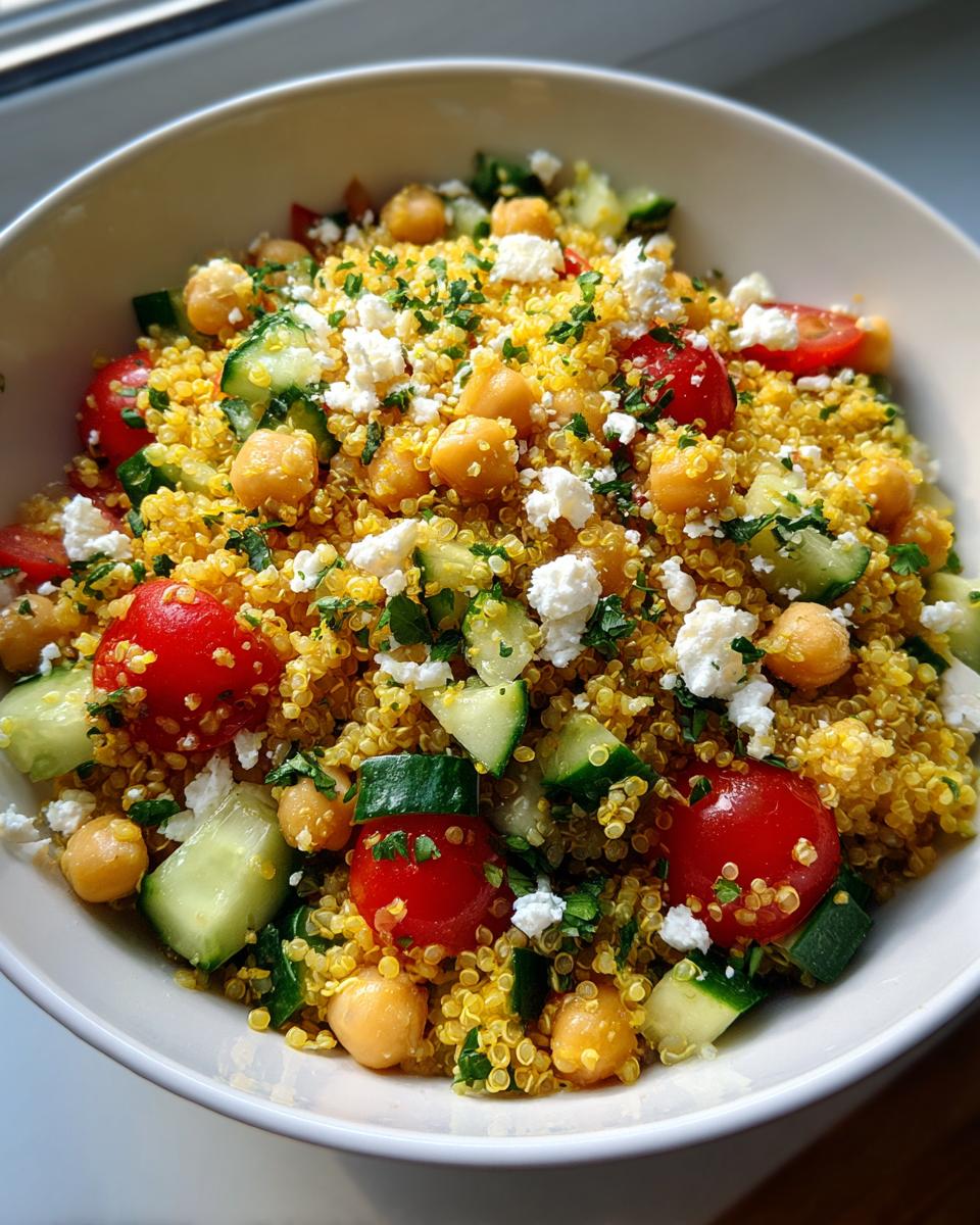 Close-up of a bright yellow quinoa salad mixed with chickpeas, cherry tomatoes, cucumber, and crumbled feta cheese.
