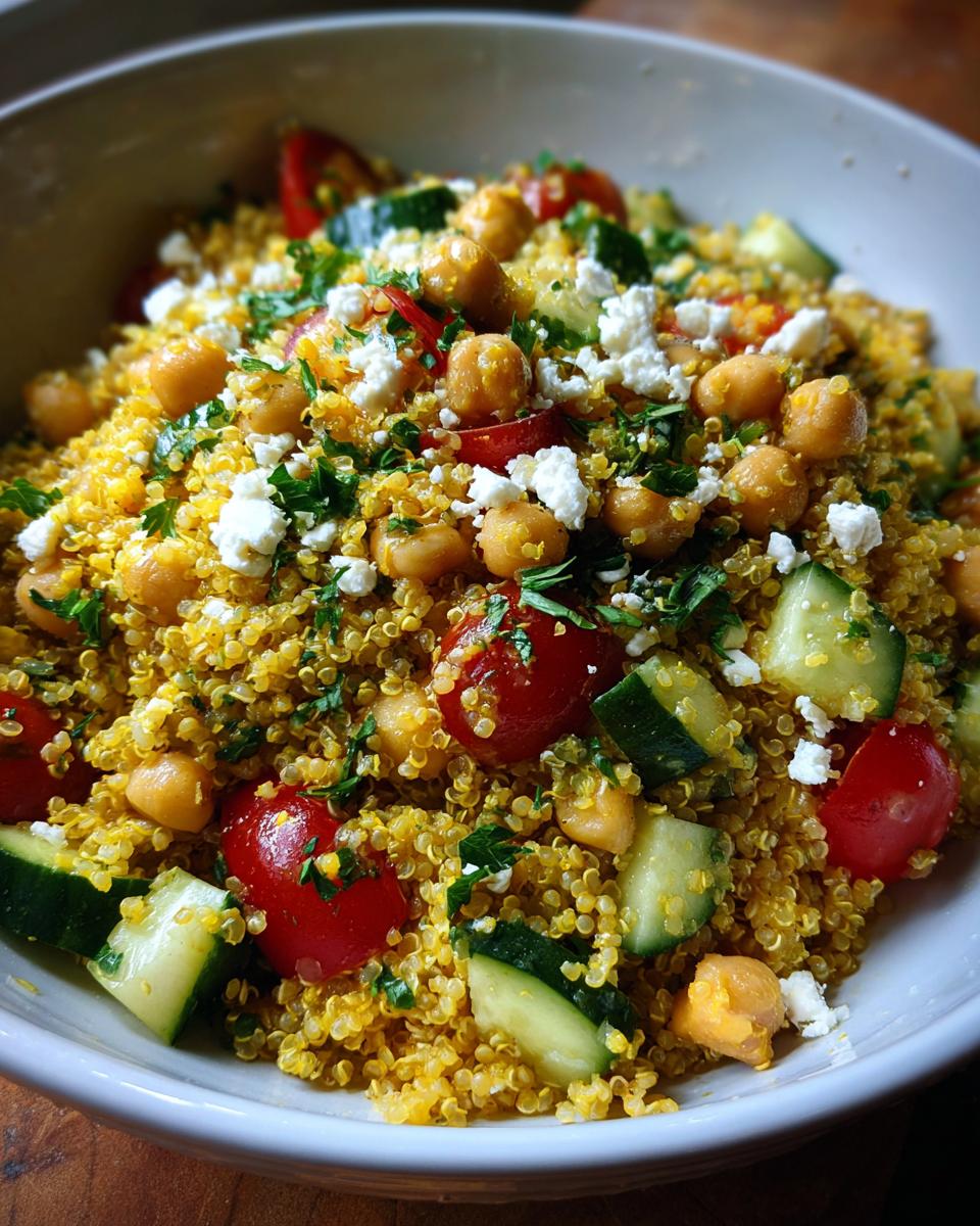 Close-up of a bright yellow quinoa salad mixed with chickpeas, cucumber, tomatoes, and feta cheese.