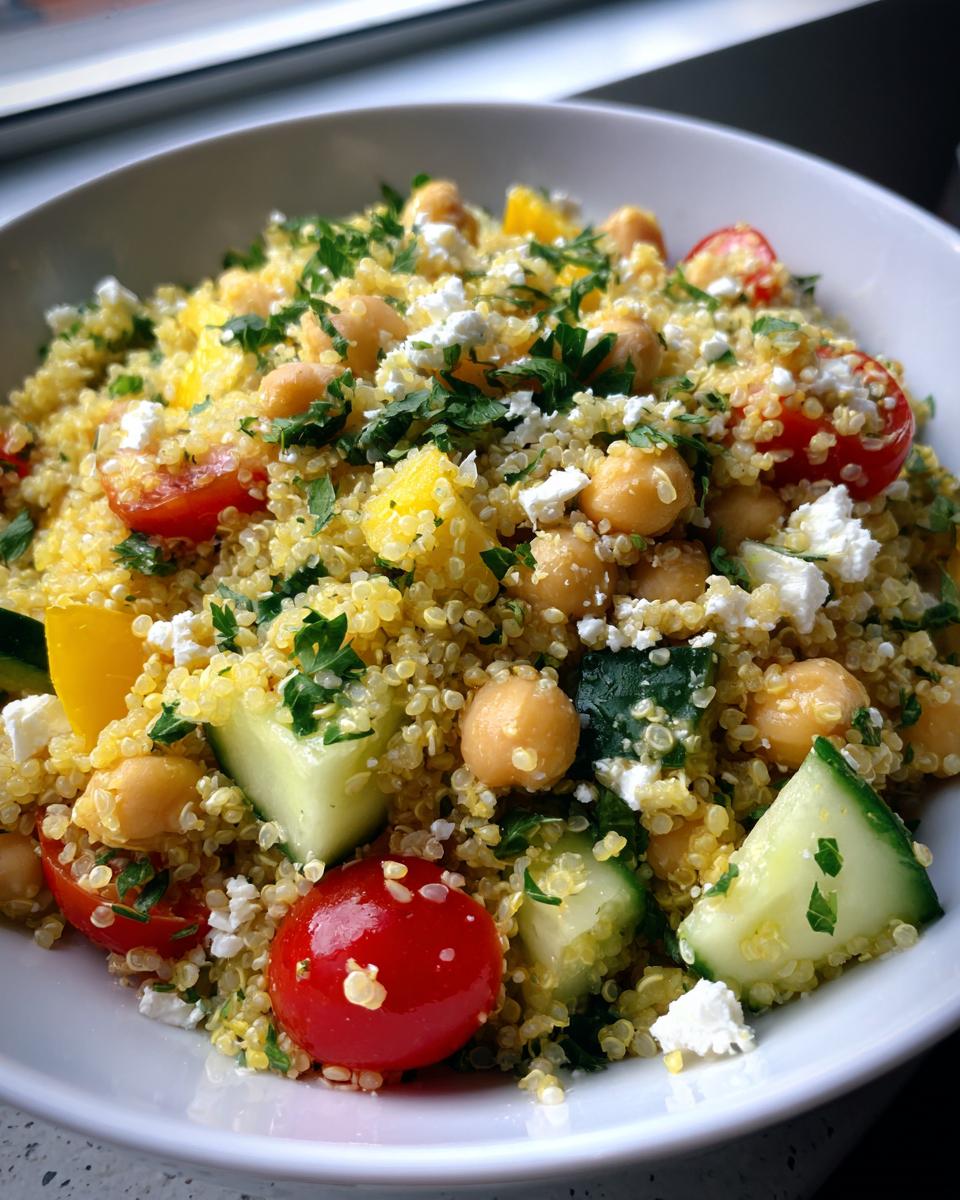 Close-up of a vibrant quinoa salad featuring chickpeas, cherry tomatoes, cucumber, yellow pepper, and feta cheese.