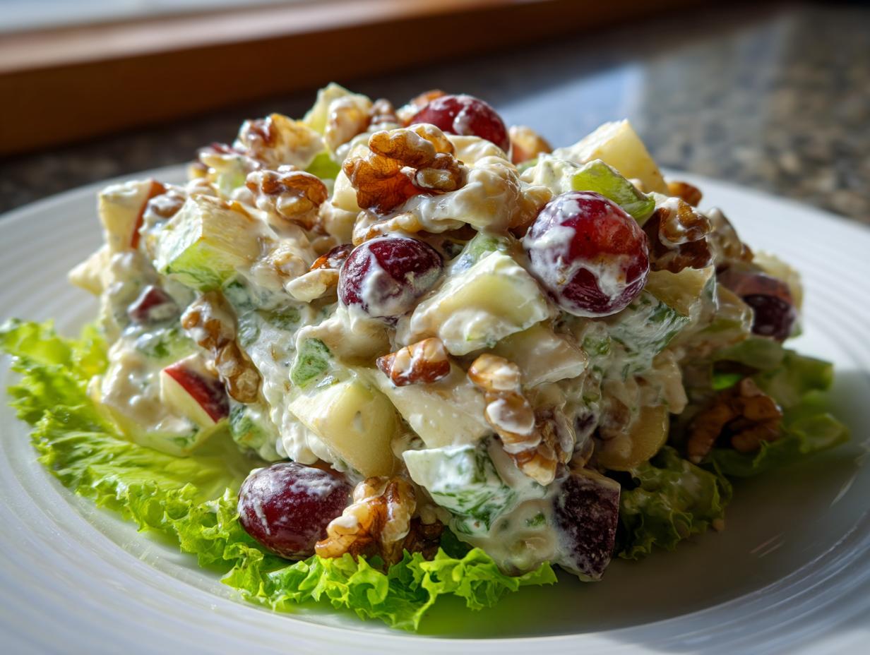 Close-up of a creamy waldorf salad featuring apples, red grapes, celery, and walnuts served on a bed of lettuce.