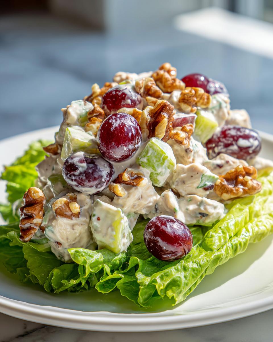 A serving of creamy waldorf salad topped with red grapes and walnuts, resting on lettuce leaves.
