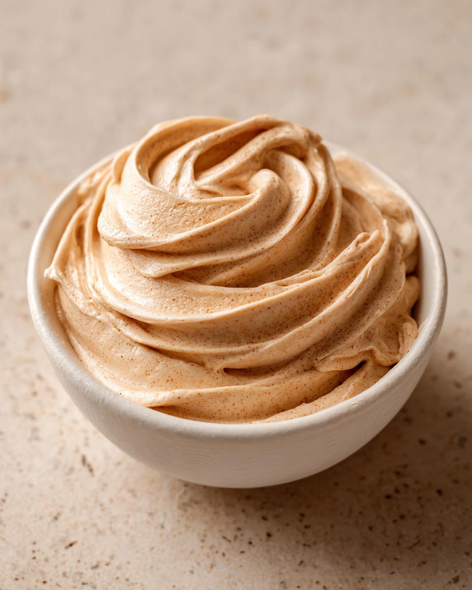 Close-up of perfectly piped, fluffy cinnamon butter in a small white bowl.