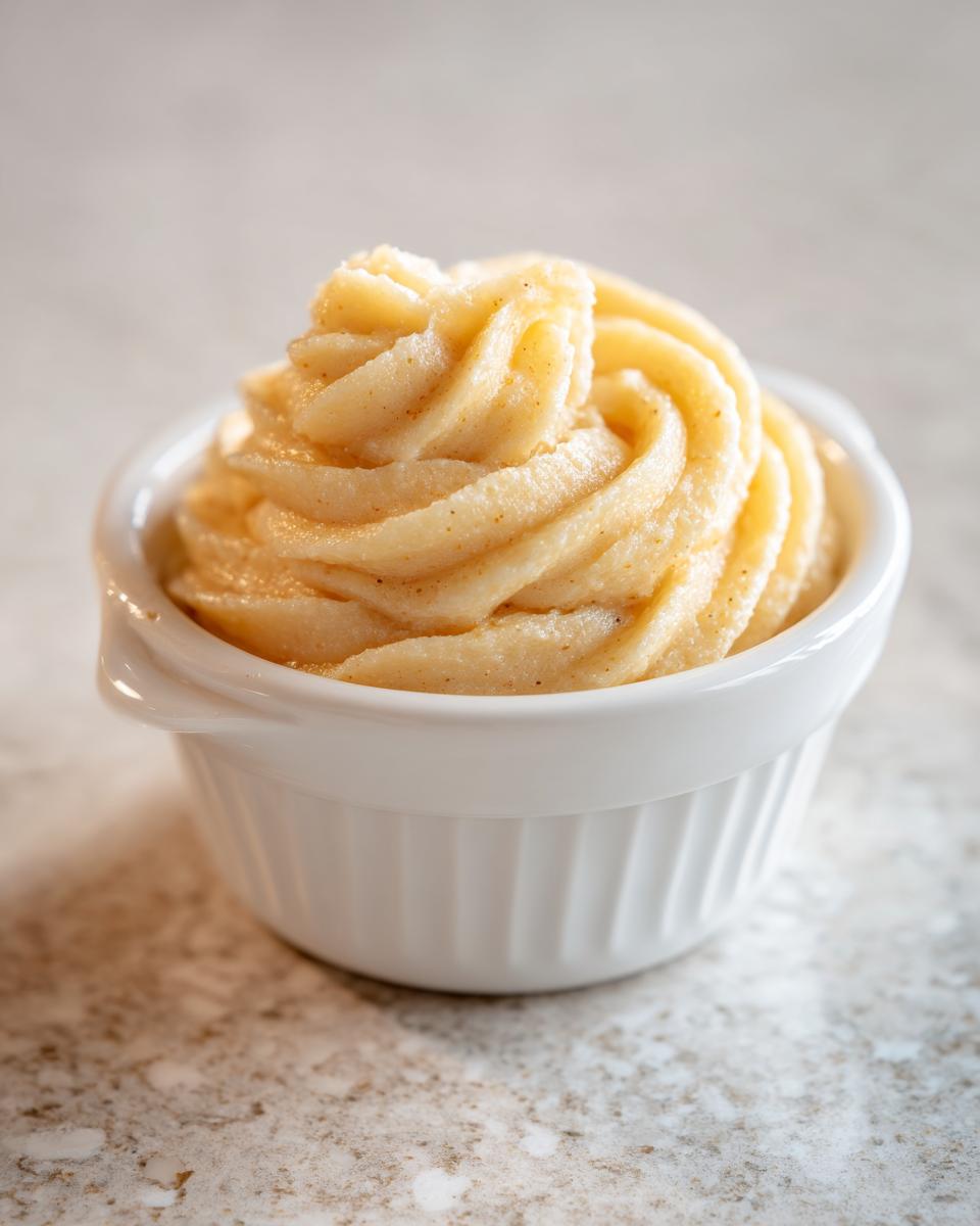 A swirl of creamy, spiced cinnamon butter piped into a small white ramekin.