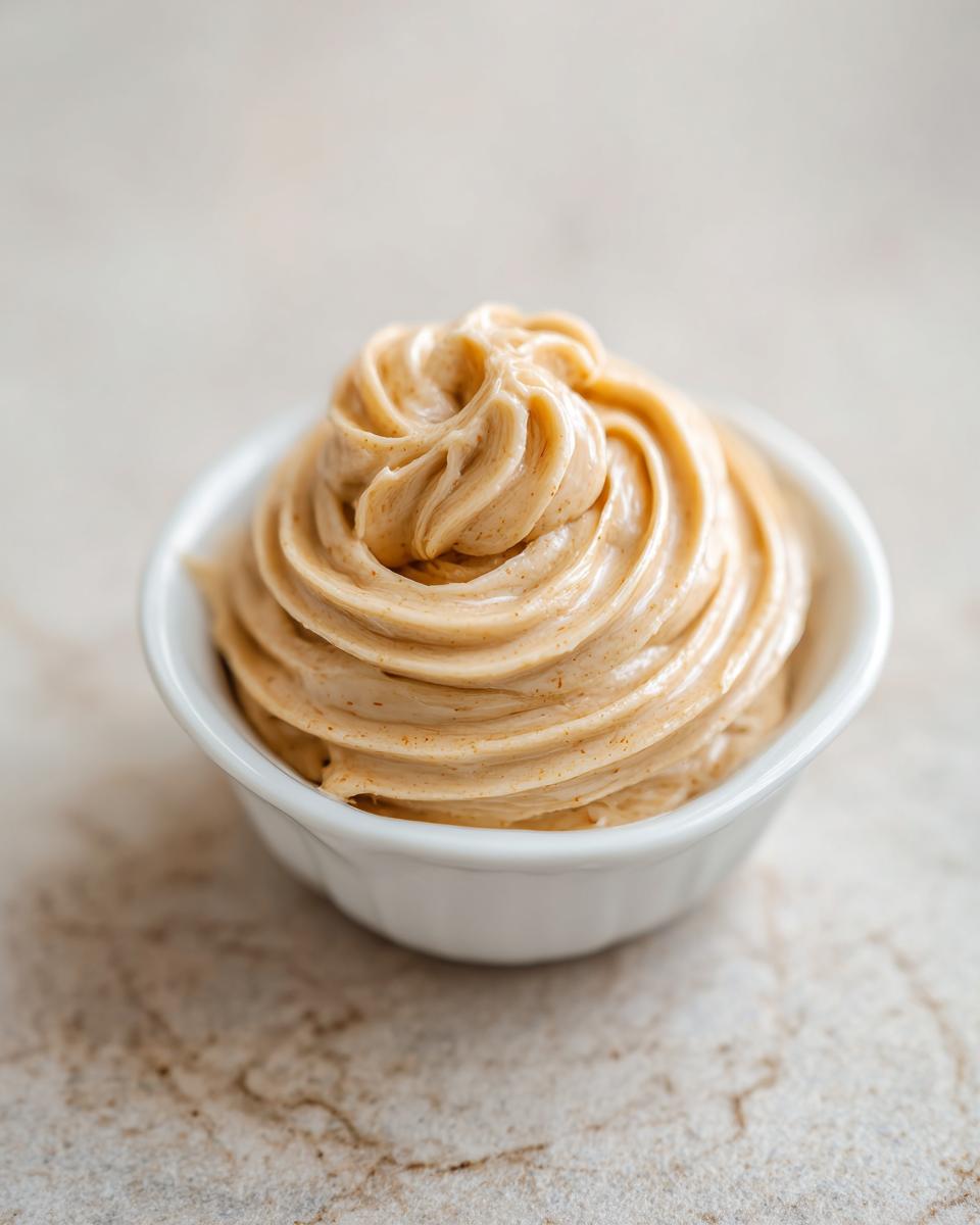 A swirl of creamy, light brown cinnamon butter piped into a small white ramekin.