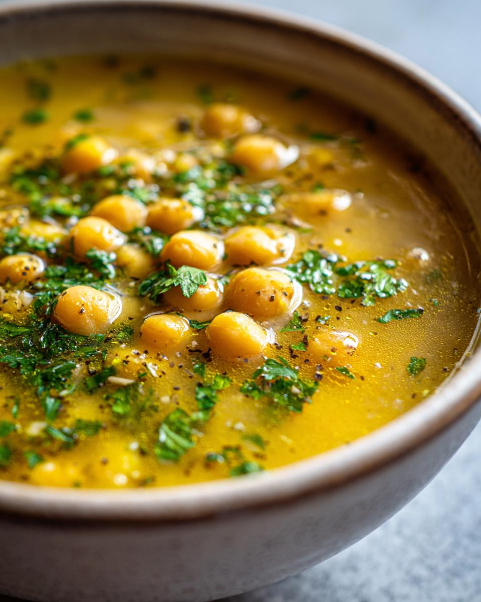 Close-up of vibrant yellow greek chickpea soup, topped with whole chickpeas, fresh parsley, and black pepper.