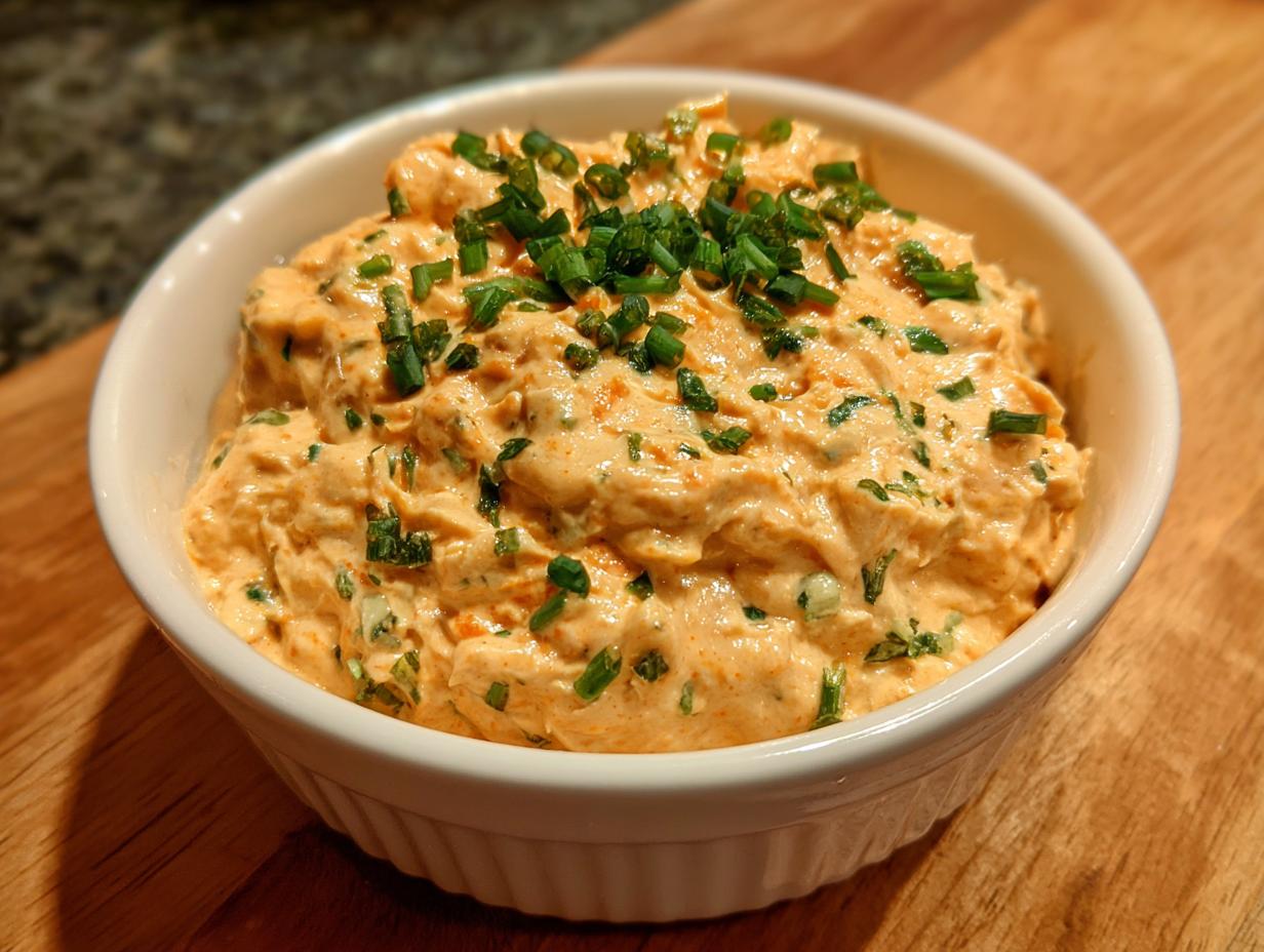 A close-up of thick, orange-hued remoulade sauce topped with fresh chopped chives in a white ramekin.