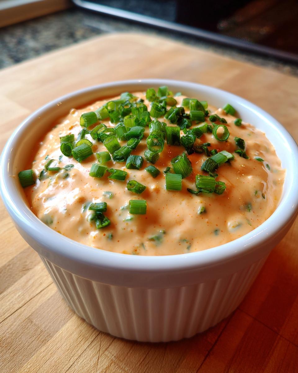 A close-up of creamy, orange-hued remoulade sauce in a white ramekin, garnished generously with chopped green onions.