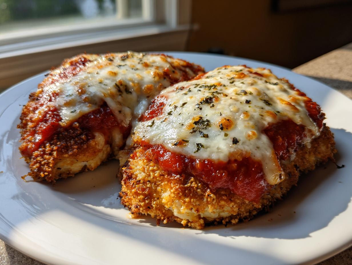 Two golden-brown pieces of baked chicken parmesan topped with melted mozzarella cheese and marinara sauce.