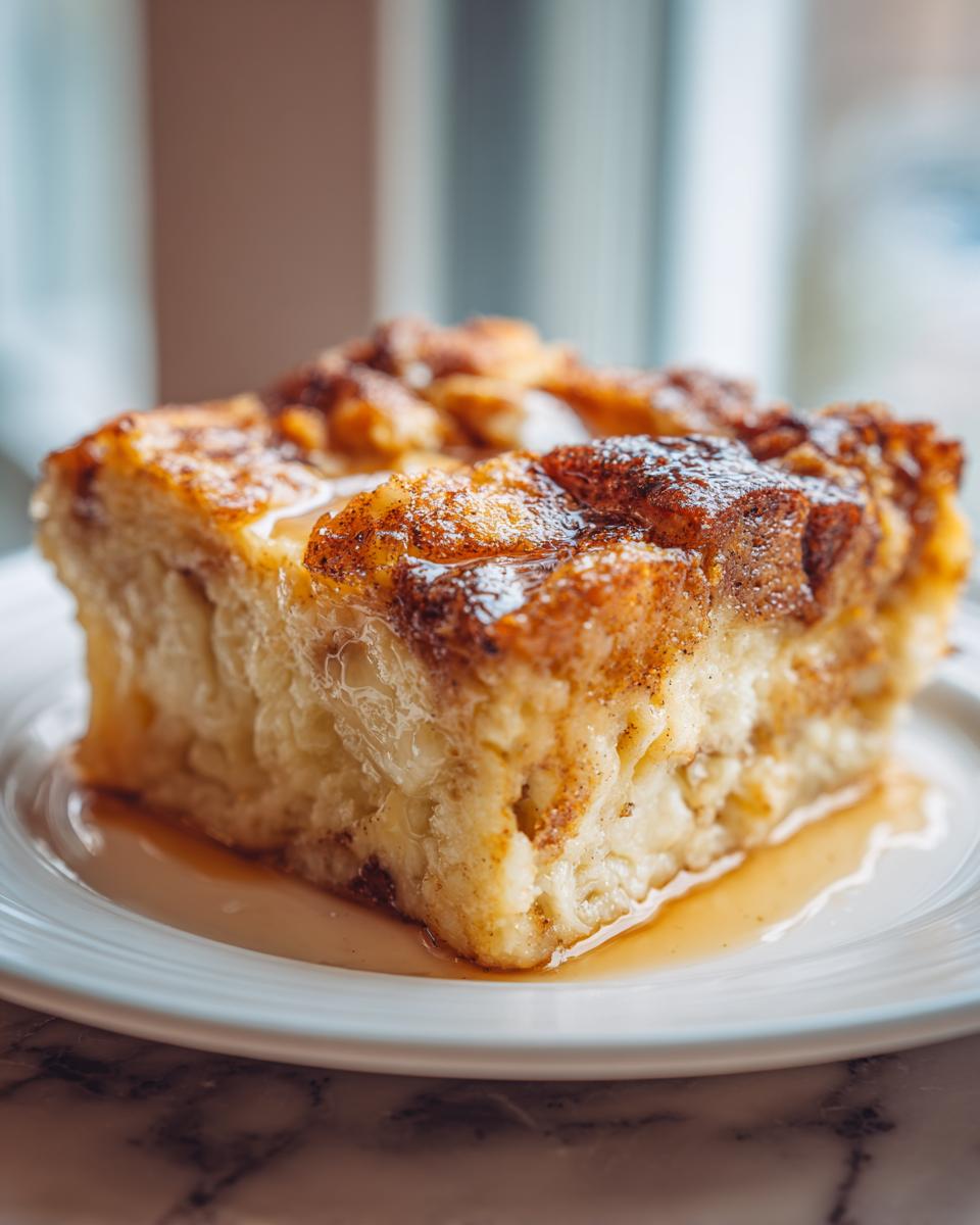 A close-up of a square slice of moist baked french toast topped with cinnamon and drizzled with syrup.
