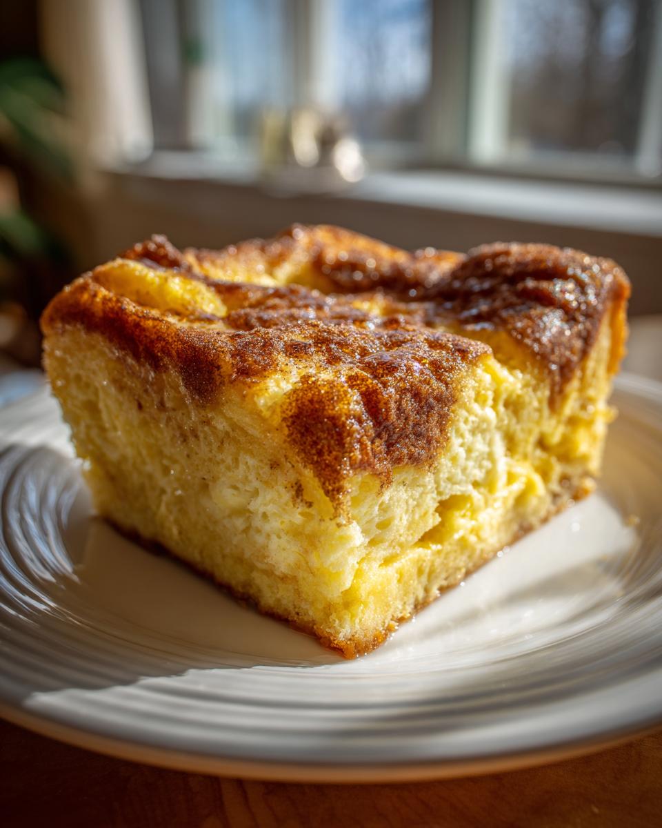 A close-up of a square slice of amazing baked french toast with a golden, cinnamon-sugar crust, resting on a white plate.