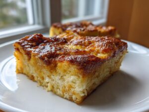 Close-up of a square slice of amazing baked french toast with a rich, caramelized brown top, served on a white plate.