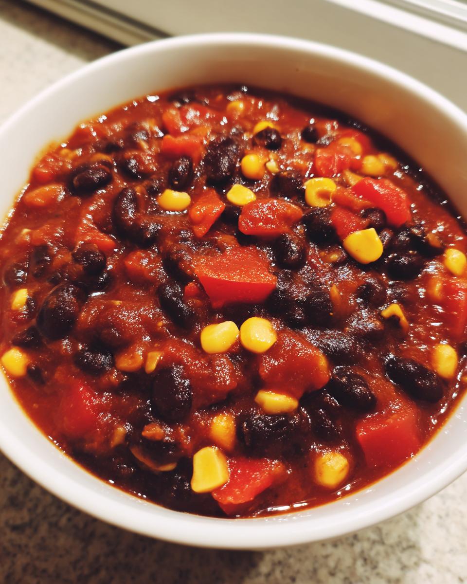 Close-up of a hearty bowl of thick black bean chili, featuring black beans, diced tomatoes, and bright yellow corn kernels.
