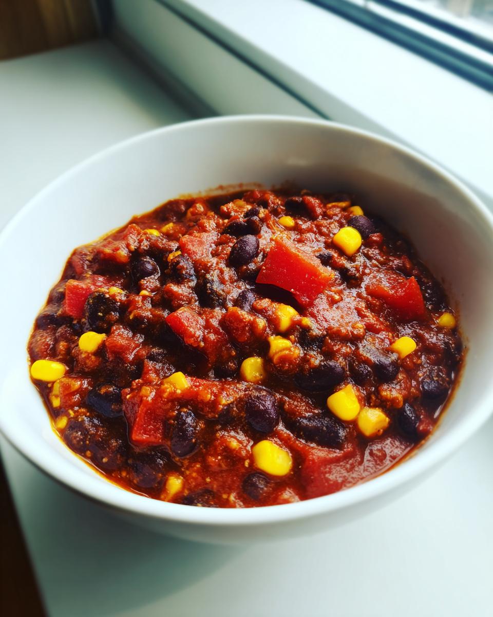 Close-up of a white bowl filled with rich, dark red black bean chili featuring visible black beans, yellow corn kernels, and chunks of tomato.