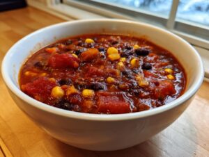 A close-up of a white bowl filled with steaming black bean chili, featuring visible corn kernels and diced tomatoes.