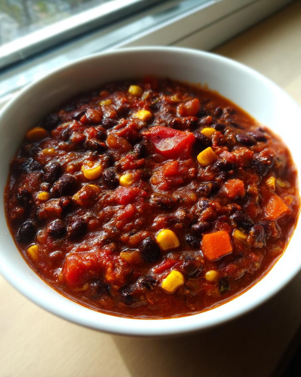 Close-up of a rich, thick black bean chili in a white bowl, featuring visible black beans, corn kernels, and diced tomatoes.