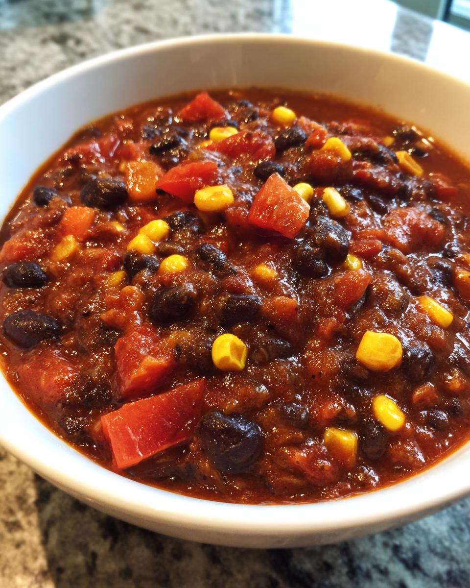 Close-up of a white bowl filled with rich, thick black bean chili featuring visible black beans, corn kernels, and diced tomatoes.