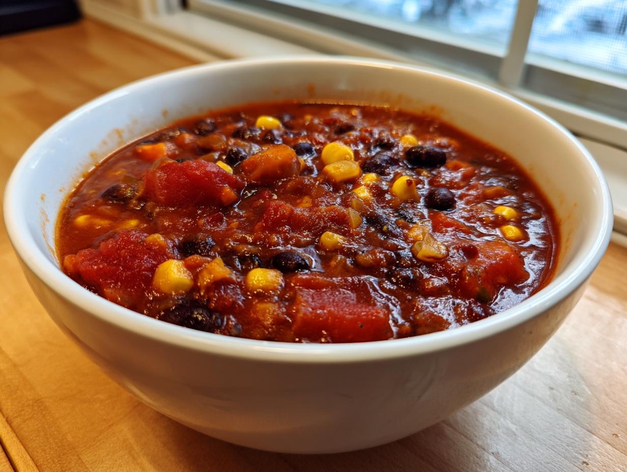A close-up of a white bowl filled with steaming black bean chili, featuring visible corn kernels and diced tomatoes.