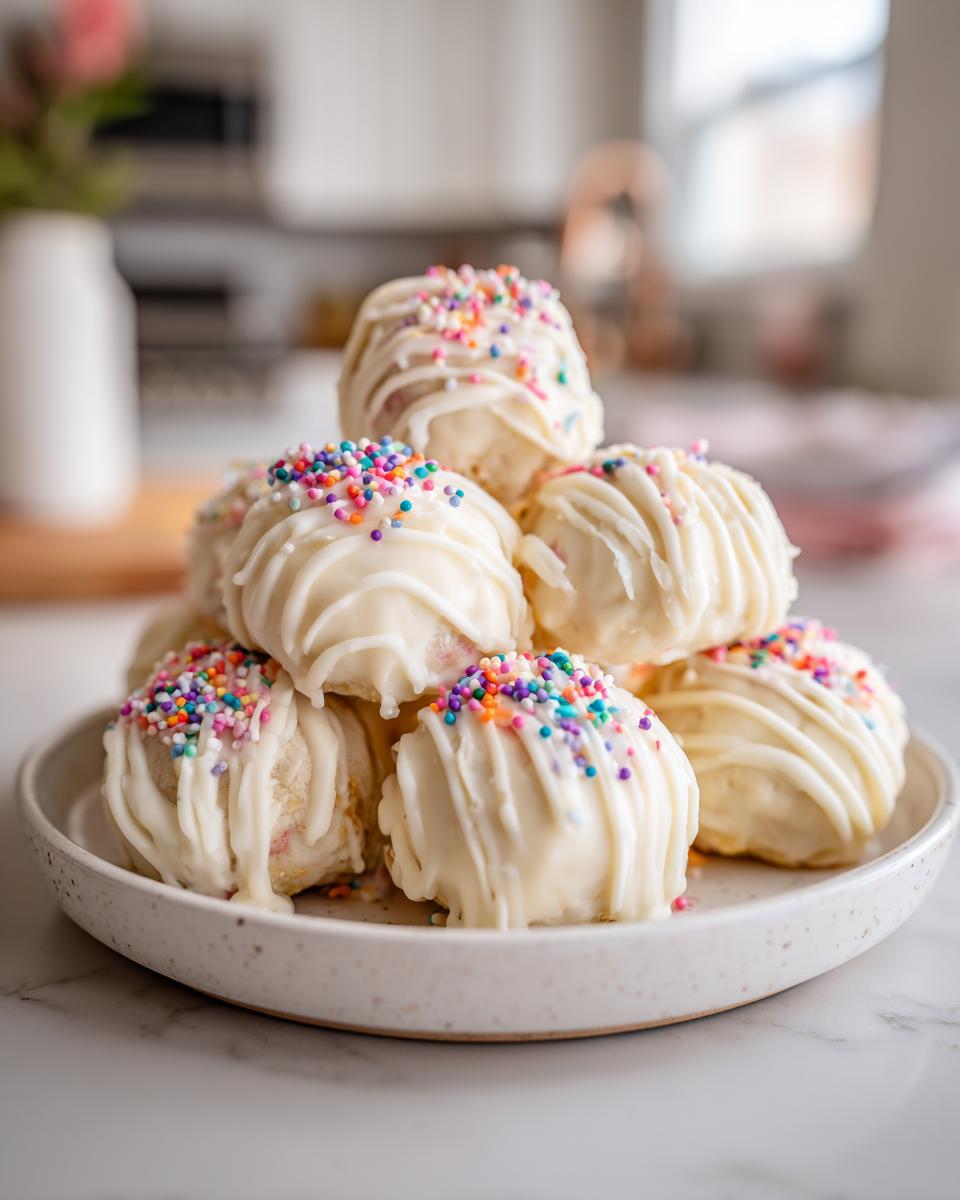 A stack of white chocolate coated sugar cookie truffles, drizzled with more white chocolate and topped with colorful sprinkles.