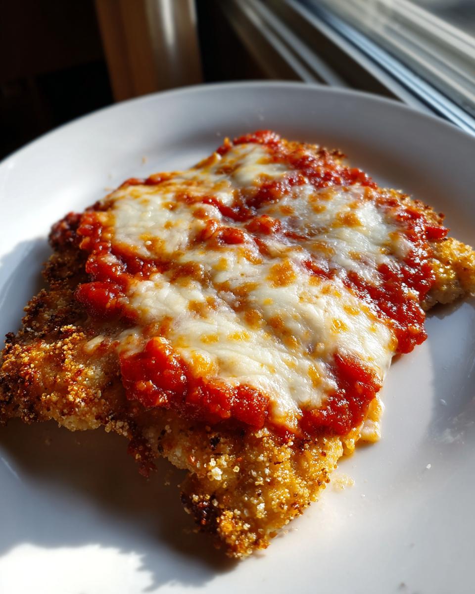 Close-up of a piece of golden, crispy baked chicken parmesan topped with marinara sauce and melted mozzarella cheese.