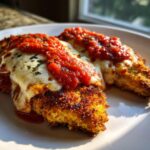 Two pieces of golden-brown baked chicken parmesan topped with melted mozzarella and rich marinara sauce.