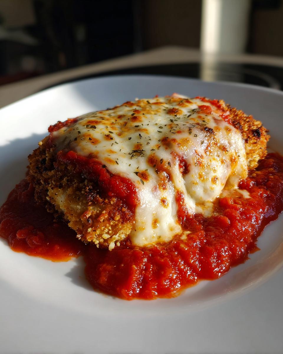 A close-up of a perfectly cooked piece of baked chicken parmesan covered in melted mozzarella and marinara sauce.