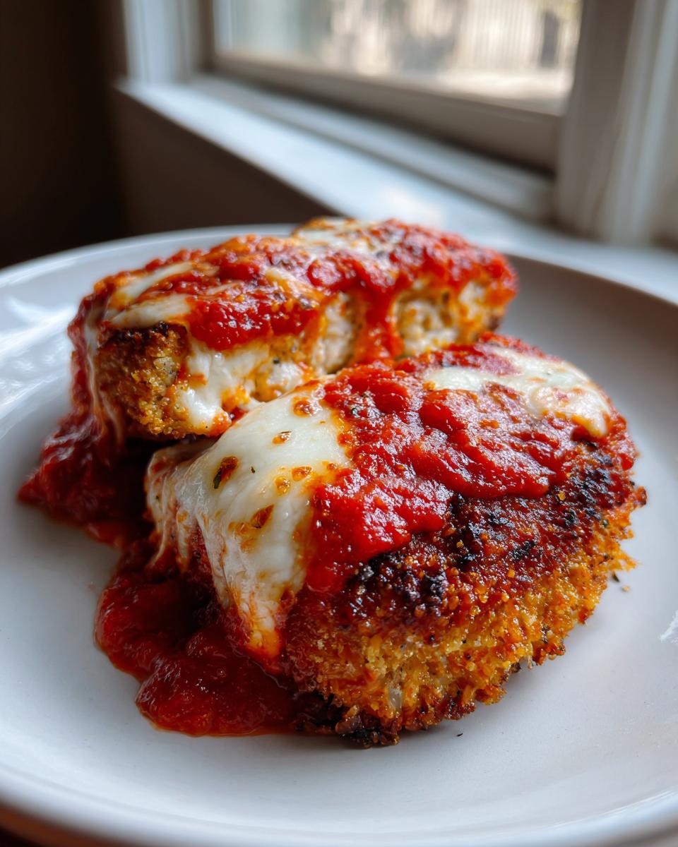 Two golden-brown pieces of baked chicken parmesan topped with melted mozzarella and rich marinara sauce.