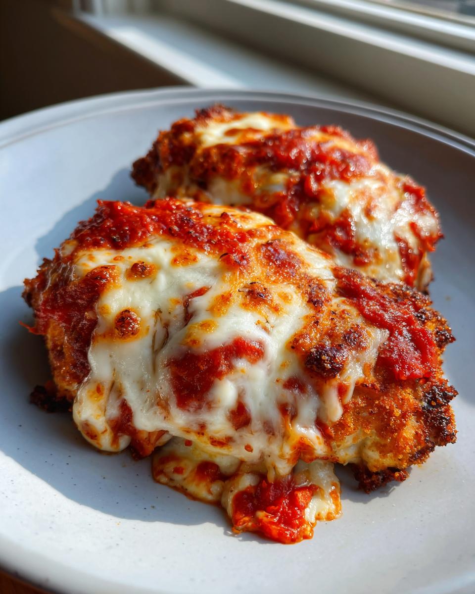 Close-up of two golden-crusted pieces of baked chicken parmesan topped with melted mozzarella and rich tomato sauce.